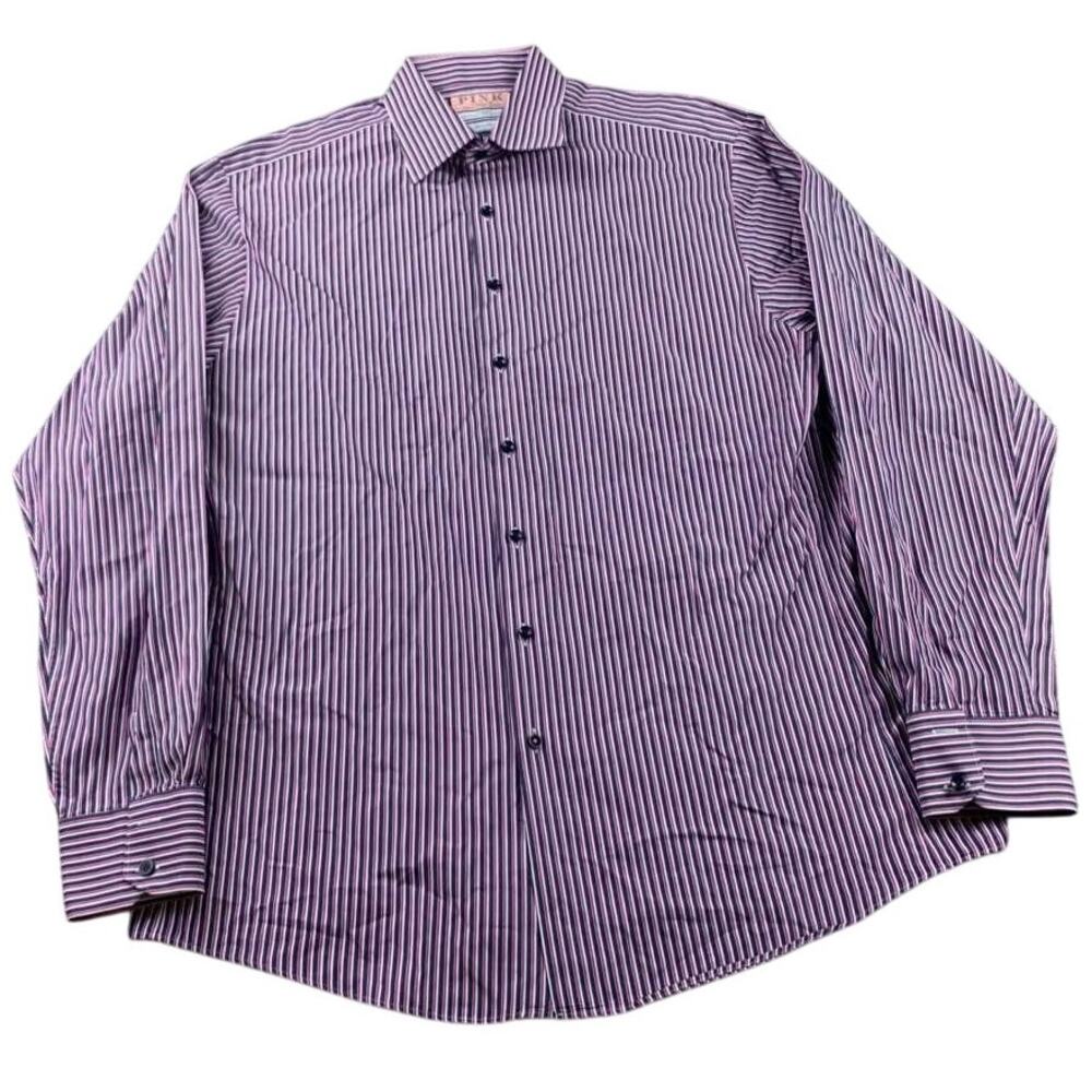 Thomas Pink Dress Shirt Men 17.5 Slim Fit Long Sleeve Button‎ Down Multi Stripe